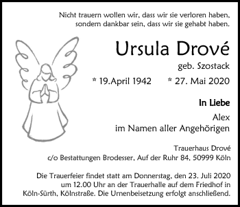 Anzeige von Ursula Drové von Kölner Stadt-Anzeiger / Kölnische Rundschau / Express