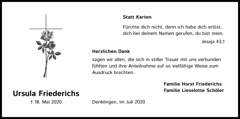  Traueranzeige für Ursula Friederichs vom 11.07.2020 aus Kölner Stadt-Anzeiger / Kölnische Rundschau / Express