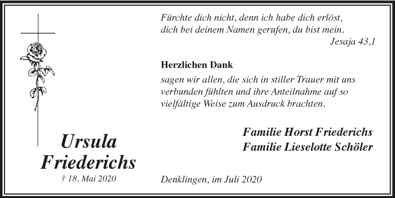  Traueranzeige für Ursula Friederichs vom 10.07.2020 aus  Lokalanzeiger 