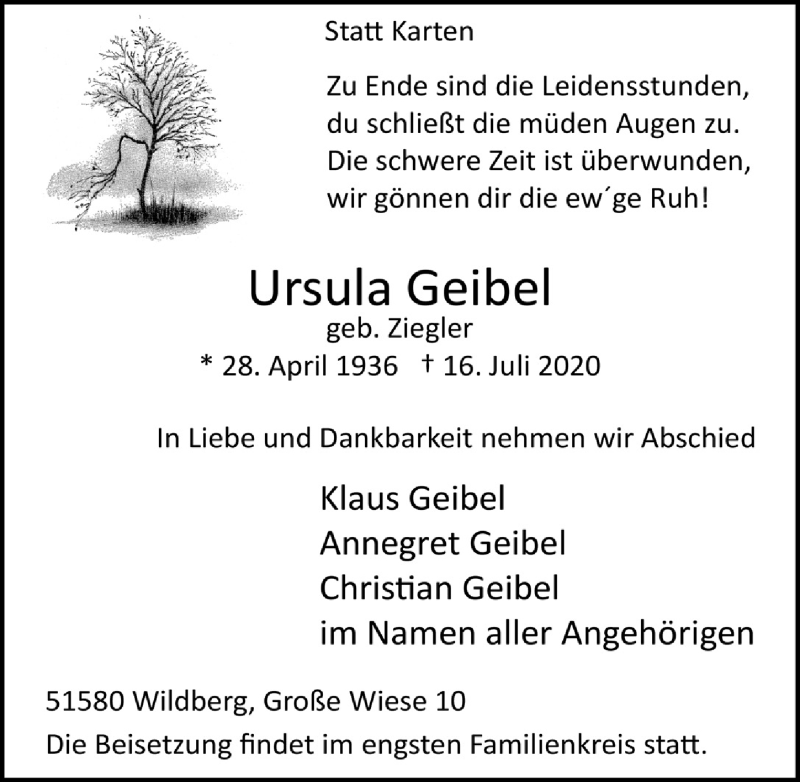  Traueranzeige für Ursula Geibel vom 24.07.2020 aus  Anzeigen Echo 