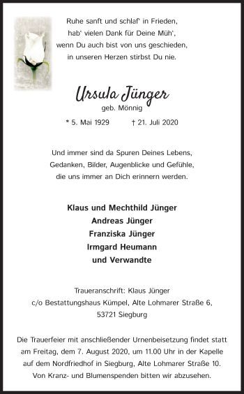 Anzeige von Ursula Jünger von Kölner Stadt-Anzeiger / Kölnische Rundschau / Express