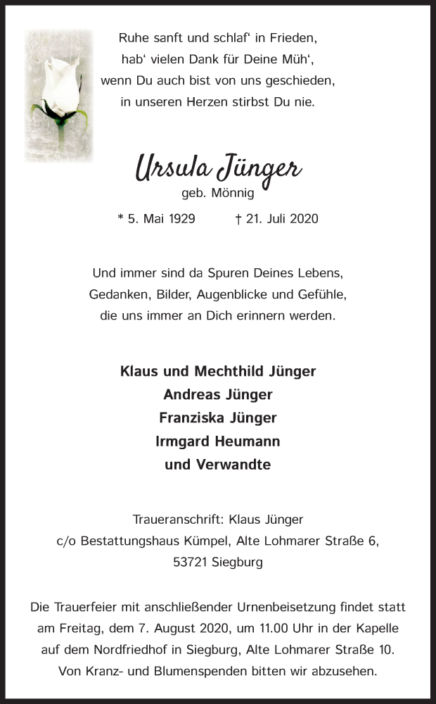  Traueranzeige für Ursula Jünger vom 31.07.2020 aus Kölner Stadt-Anzeiger / Kölnische Rundschau / Express