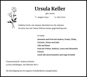Anzeige von Ursula Keller von Kölner Stadt-Anzeiger / Kölnische Rundschau / Express