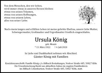 Anzeige von Ursula König von  Kölner Wochenspiegel 