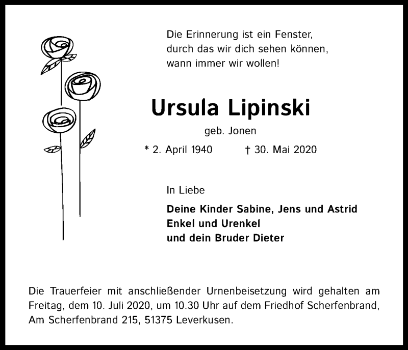  Traueranzeige für Ursula Lipinski vom 04.07.2020 aus Kölner Stadt-Anzeiger / Kölnische Rundschau / Express