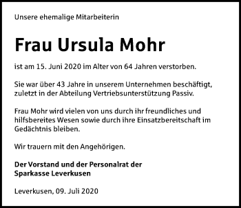 Anzeige von Ursula Mohr von Kölner Stadt-Anzeiger / Kölnische Rundschau / Express