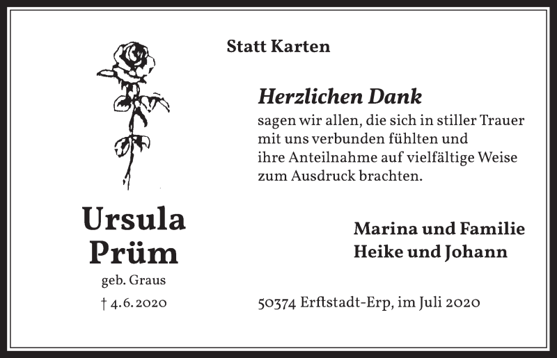  Traueranzeige für Ursula Prüm vom 10.07.2020 aus  Werbepost 