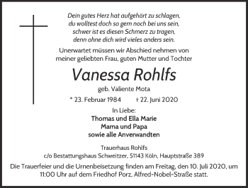 Anzeige von Vanessa Rohlfs von  Kölner Wochenspiegel 
