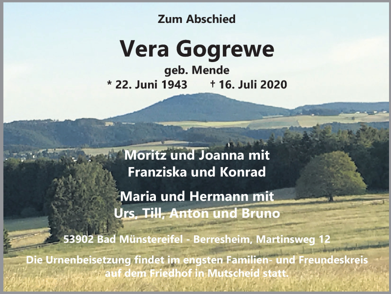  Traueranzeige für Vera Gogrewe vom 25.07.2020 aus  Blickpunkt Euskirchen 