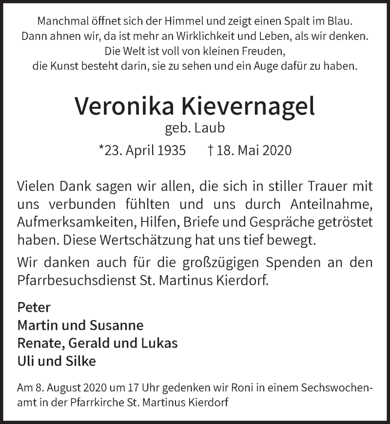  Traueranzeige für Veronika Kievernagel vom 24.07.2020 aus  Werbepost 