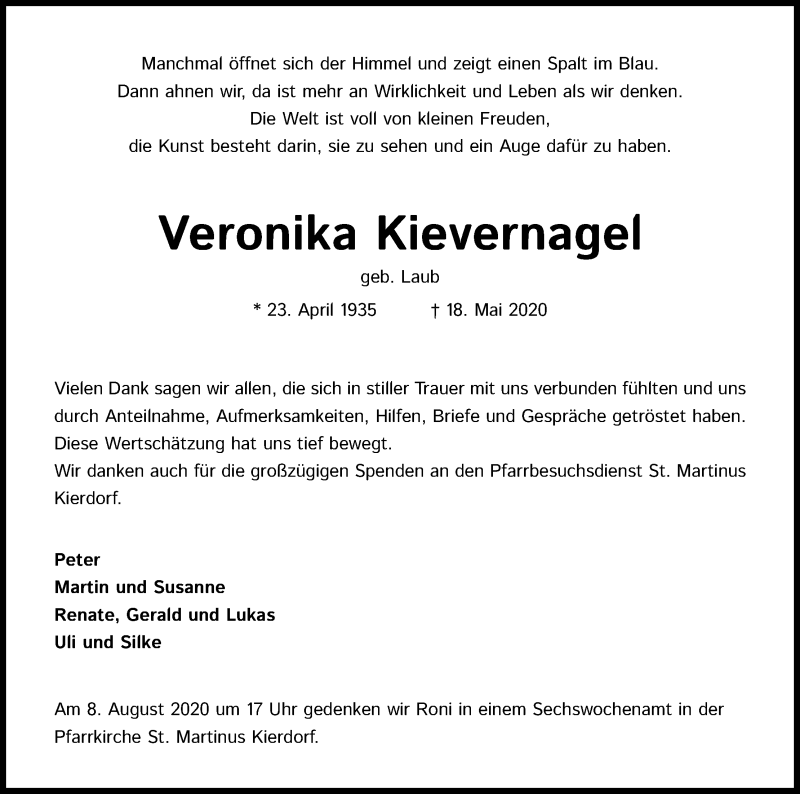  Traueranzeige für Veronika Kievernagel vom 25.07.2020 aus Kölner Stadt-Anzeiger / Kölnische Rundschau / Express