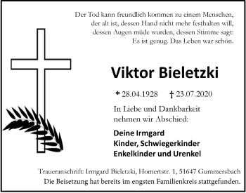 Anzeige von Viktor Bieletzki von  Anzeigen Echo 