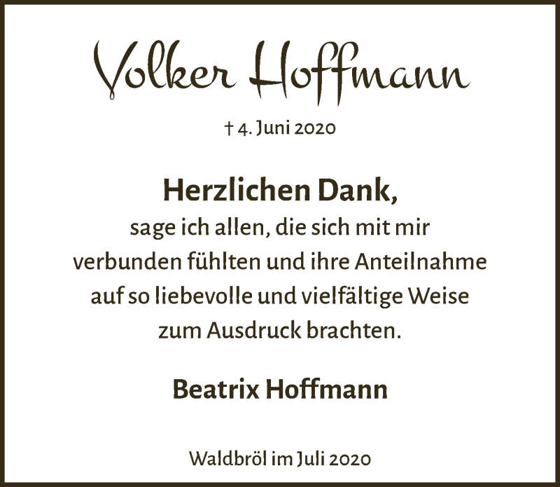  Traueranzeige für Volker Hoffmann vom 10.07.2020 aus  Lokalanzeiger 
