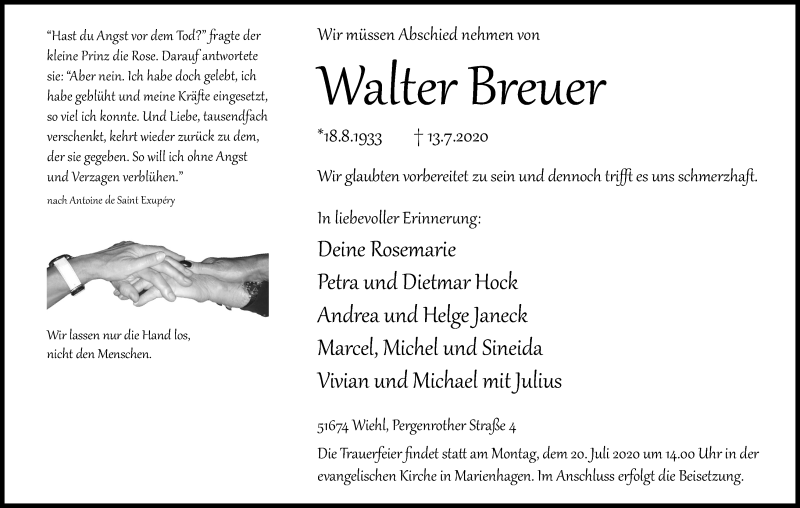  Traueranzeige für Walter Breuer vom 18.07.2020 aus Kölner Stadt-Anzeiger / Kölnische Rundschau / Express