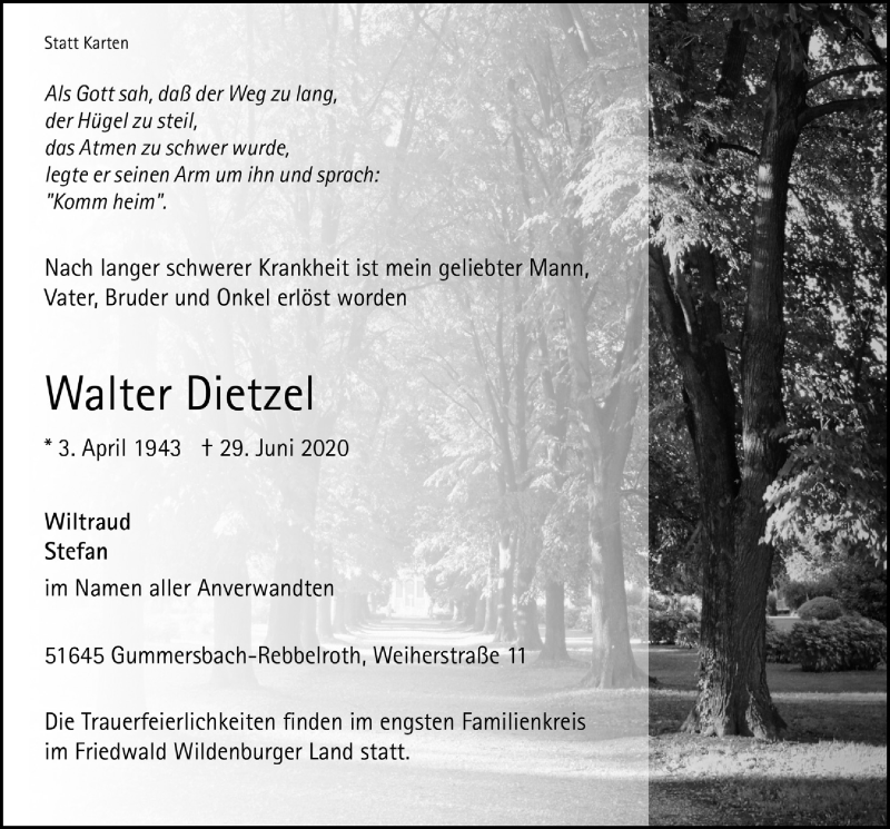  Traueranzeige für Walter Dietzel vom 03.07.2020 aus  Anzeigen Echo 