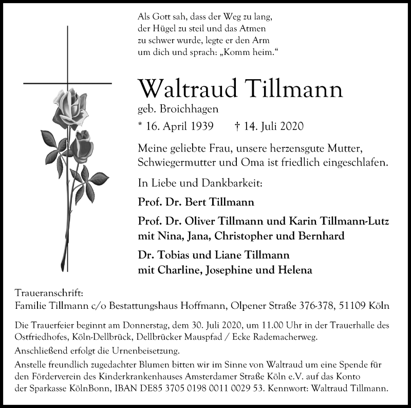  Traueranzeige für Waltraud Tillmann vom 25.07.2020 aus Kölner Stadt-Anzeiger / Kölnische Rundschau / Express