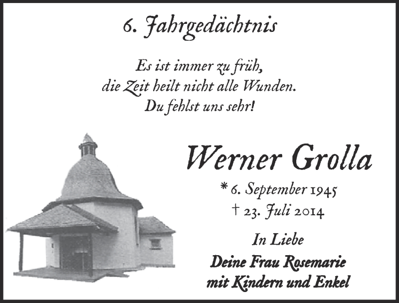  Traueranzeige für Werner Grolla vom 24.07.2020 aus  Kölner Wochenspiegel 
