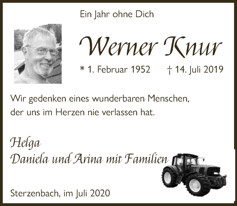  Traueranzeige für Werner Knur vom 17.07.2020 aus  Lokalanzeiger 