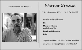 Anzeige von Werner Krause von  Bergisches Handelsblatt 