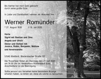 Anzeige von Werner Romünder von Kölner Stadt-Anzeiger / Kölnische Rundschau / Express
