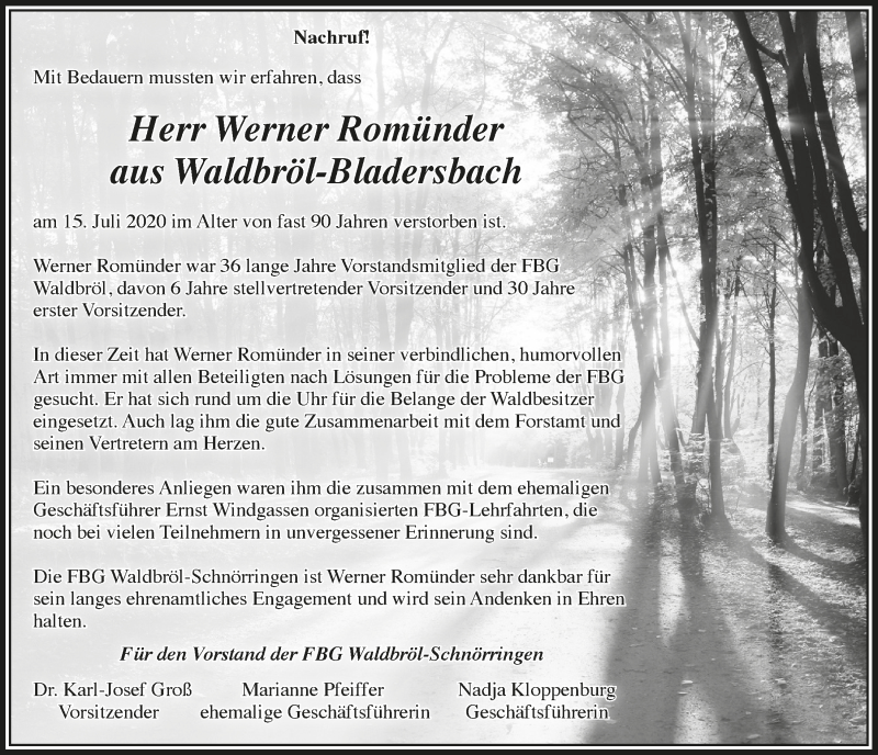  Traueranzeige für Werner Romünder vom 24.07.2020 aus  Lokalanzeiger 
