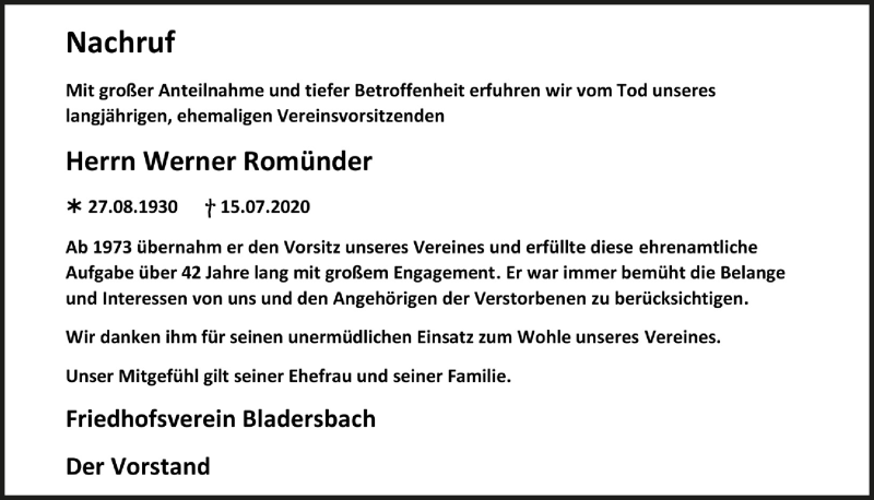  Traueranzeige für Werner Romünder vom 24.07.2020 aus  Lokalanzeiger 