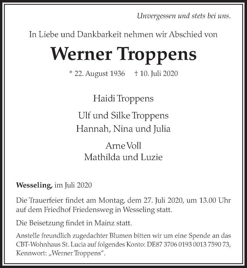  Traueranzeige für Werner Troppens vom 17.07.2020 aus  Schlossbote/Werbekurier 