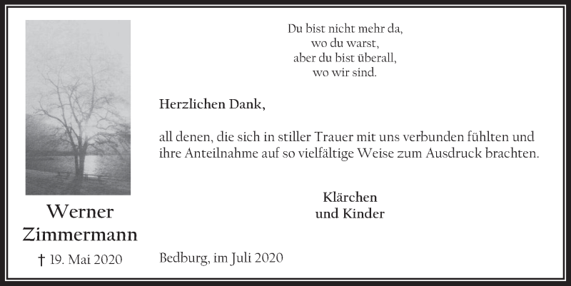  Traueranzeige für Werner Zimmermann vom 17.07.2020 aus  Werbepost 