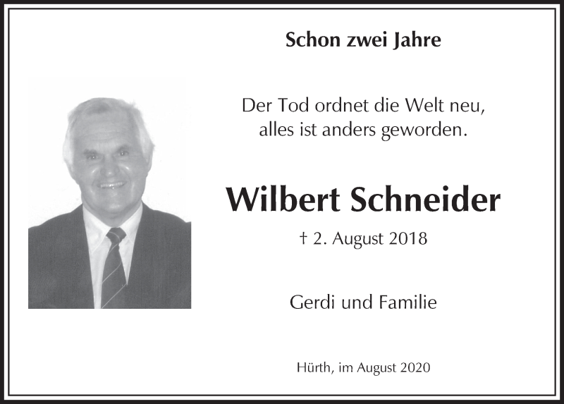  Traueranzeige für Wilbert Schneider vom 31.07.2020 aus  Wochenende 