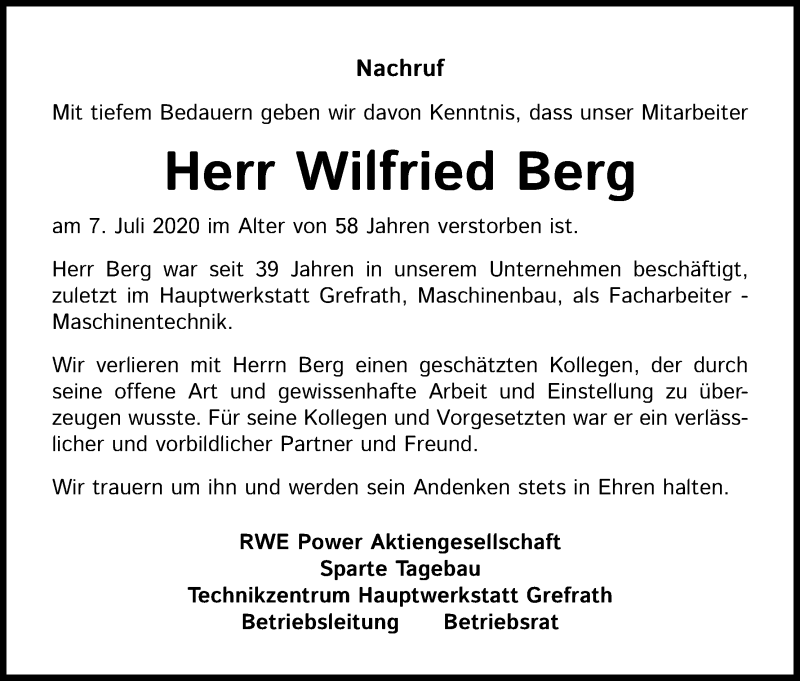  Traueranzeige für Wilfried Berg vom 23.07.2020 aus Kölner Stadt-Anzeiger / Kölnische Rundschau / Express
