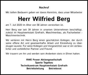 Anzeige von Wilfried Berg von Kölner Stadt-Anzeiger / Kölnische Rundschau / Express