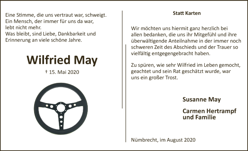  Traueranzeige für Wilfried May vom 31.07.2020 aus  Anzeigen Echo  Lokalanzeiger 
