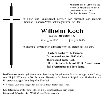 Anzeige von Wilhelm Koch von  Blickpunkt Euskirchen 