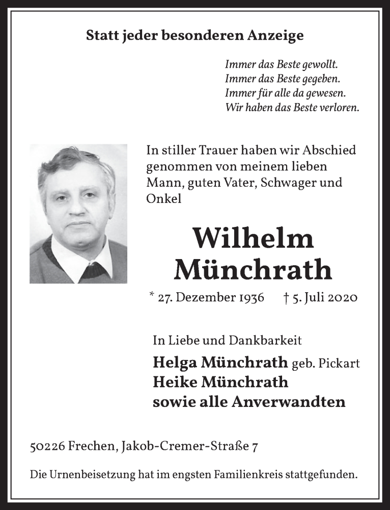  Traueranzeige für Wilhelm Münchrath vom 17.07.2020 aus  Wochenende 