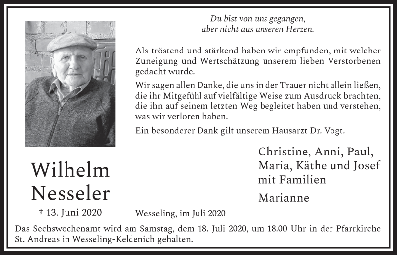  Traueranzeige für Wilhelm Nesseler vom 10.07.2020 aus  Schlossbote/Werbekurier 