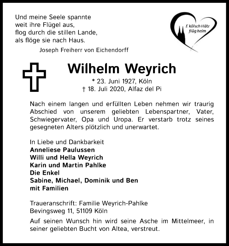  Traueranzeige für Wilhelm Weyrich vom 22.07.2020 aus Kölner Stadt-Anzeiger / Kölnische Rundschau / Express