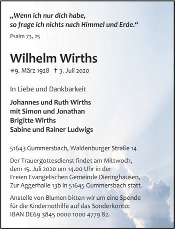 Anzeige von Wilhelm Wirths von  Anzeigen Echo 