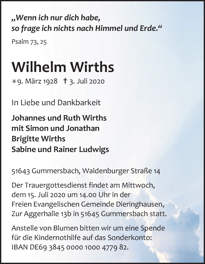  Traueranzeige für Wilhelm Wirths vom 11.07.2020 aus Kölner Stadt-Anzeiger / Kölnische Rundschau / Express