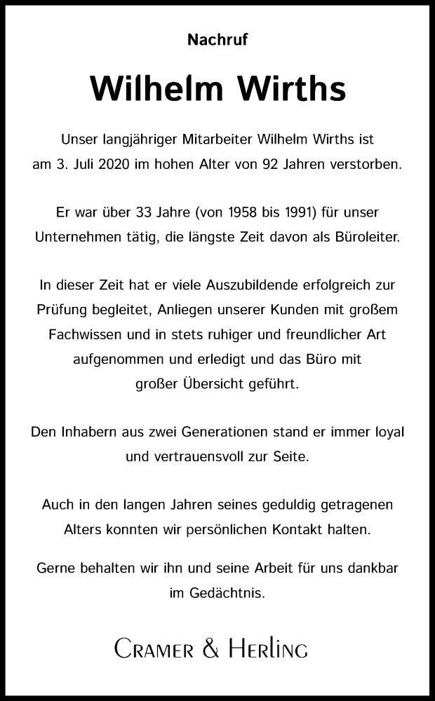  Traueranzeige für Wilhelm Wirths vom 18.07.2020 aus Kölner Stadt-Anzeiger / Kölnische Rundschau / Express