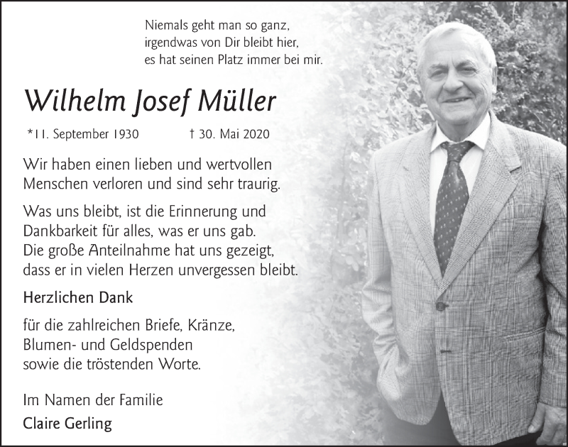  Traueranzeige für Wilhelm Josef Müller vom 17.07.2020 aus  Schlossbote/Werbekurier 