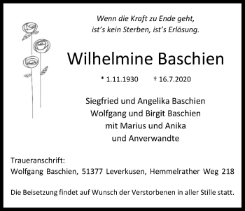 Anzeige von Wilhelmine Baschien von Kölner Stadt-Anzeiger / Kölnische Rundschau / Express