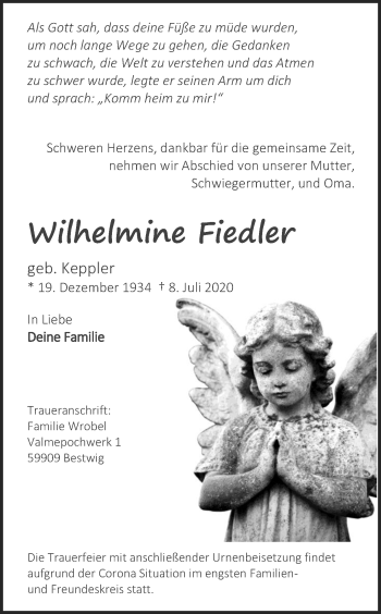 Anzeige von Wilhelmine Fiedler von Kölner Stadt-Anzeiger / Kölnische Rundschau / Express
