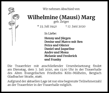 Anzeige von Wilhelmine Marg von Kölner Stadt-Anzeiger / Kölnische Rundschau / Express