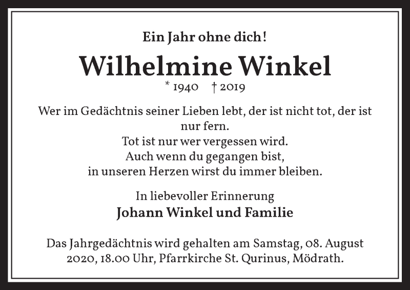  Traueranzeige für Wilhelmine Winkel vom 31.07.2020 aus  Werbepost 