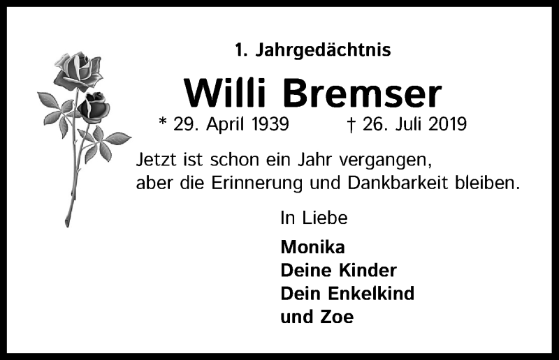  Traueranzeige für Willi Bremser vom 25.07.2020 aus Kölner Stadt-Anzeiger / Kölnische Rundschau / Express