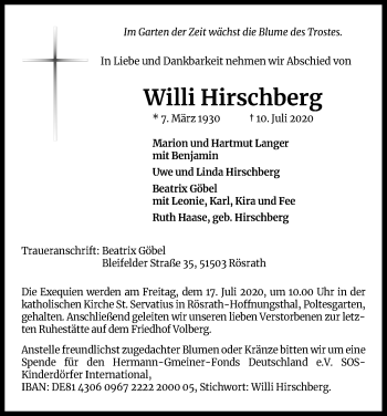 Anzeige von Willi Hirschberg von Kölner Stadt-Anzeiger / Kölnische Rundschau / Express