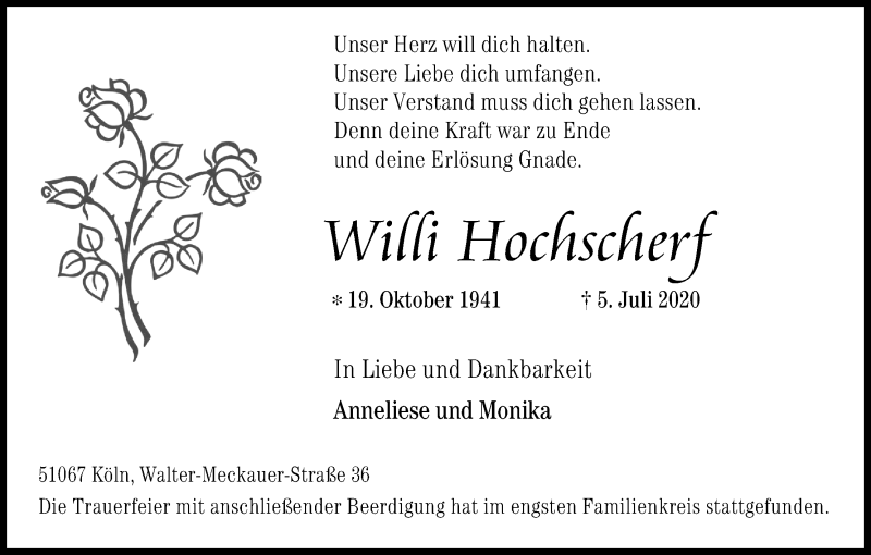  Traueranzeige für Willi Hochscherf vom 18.07.2020 aus Kölner Stadt-Anzeiger / Kölnische Rundschau / Express