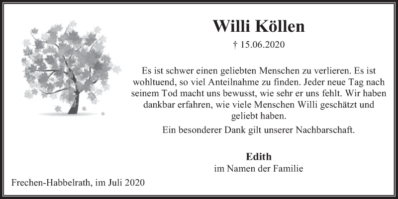  Traueranzeige für Willi Köllen vom 24.07.2020 aus  Wochenende 