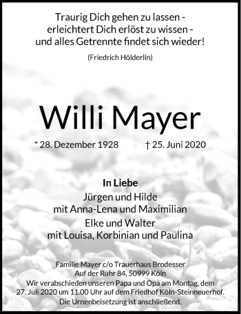 Anzeige von Willi Mayer von  Kölner Wochenspiegel 