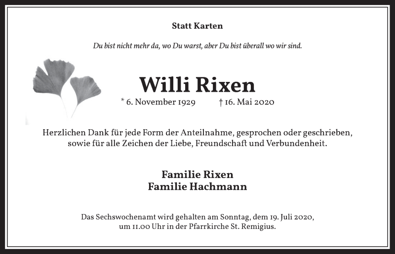  Traueranzeige für Willi Rixen vom 03.07.2020 aus  Werbepost 